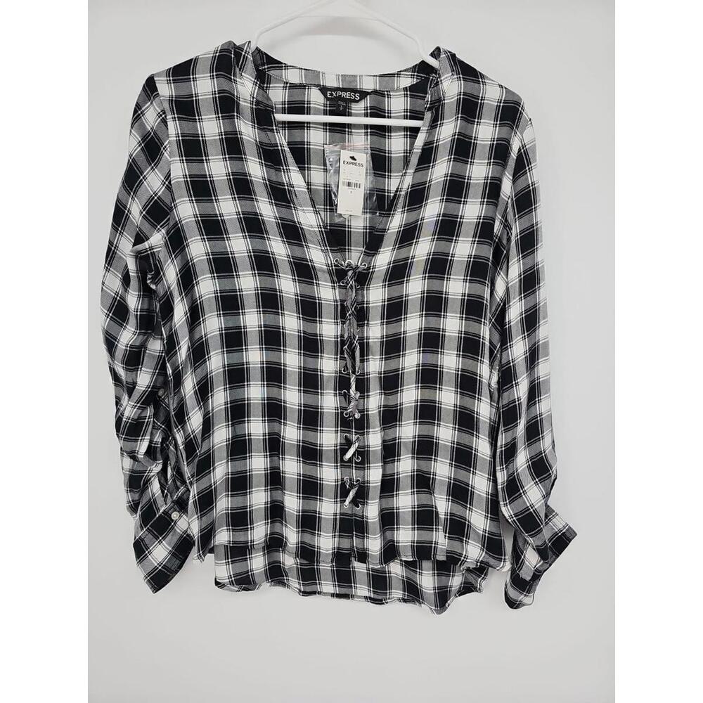 Express Womens Flannel Top Small Black/White Lace Front Boho‎ Cottagecore NWT